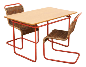 Table with Chairs in Red Lacquered Tubular Steel by S. Meier for Rohrmöbelfabrik, 1920s, Set of 3