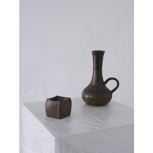 Brown Brutalist Cast Bronze Candle Holder and Vase, 1970s, Set of 2 For Sale - Image 8 of 8