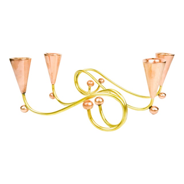 1950s Vintage Mid-Century Modernist Brass + Copper Scrolling Conical Candelabra - a Pair For Sale