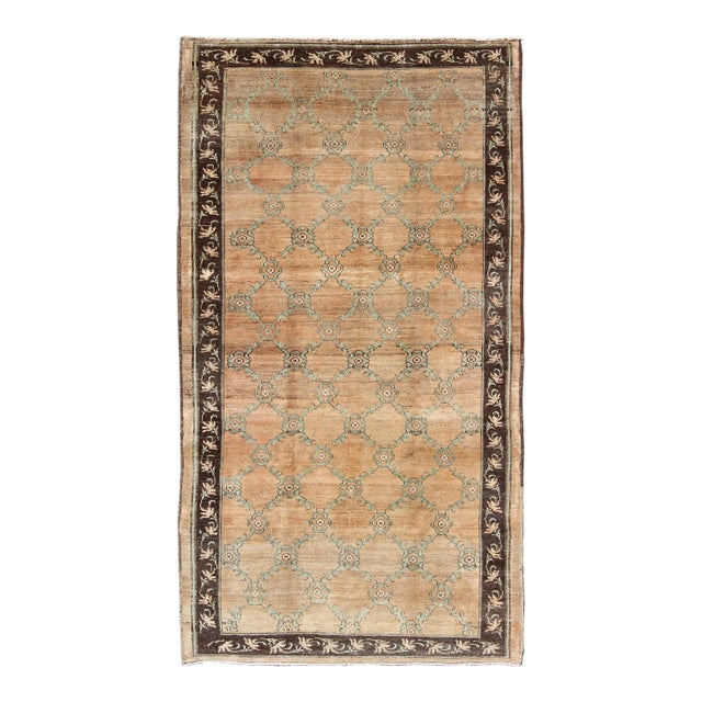 Vintage Turkish Oushak Rug With Soft Orange, Light Green, and Charcoal Brown For Sale