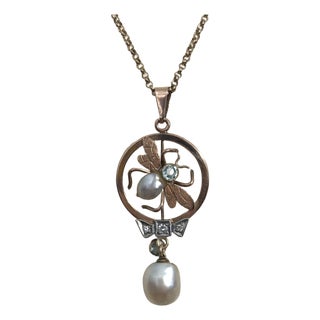 1900-1909 9 Ct Gold Fly Necklace With Diamonds, Pearls, and Aquamarine For Sale
