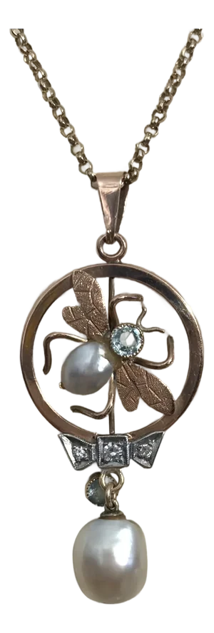 1900-1909 9 Ct Gold Fly Necklace With Diamonds, Pearls, and Aquamarine