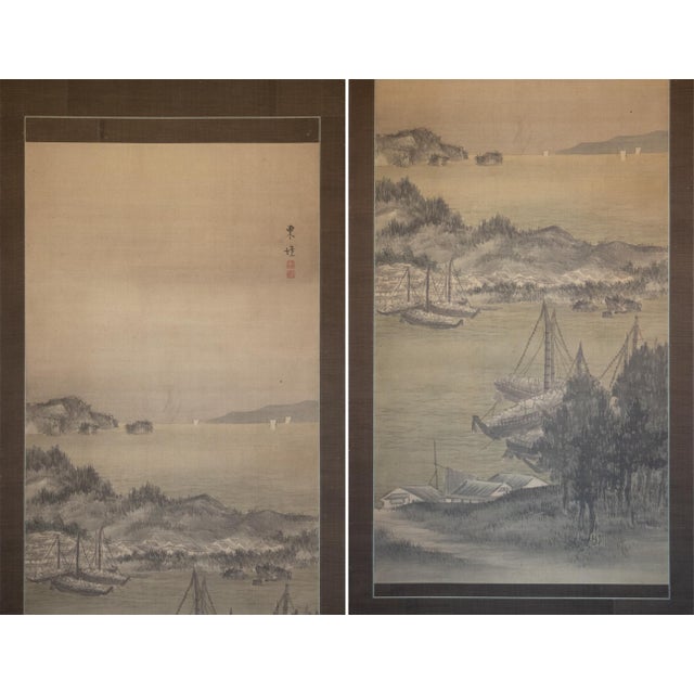 Extra Large antique Taisho Era Japanese Seascape silk scroll painting by Matsunami Tōsui (松波東堆), a student of the Japanese...
