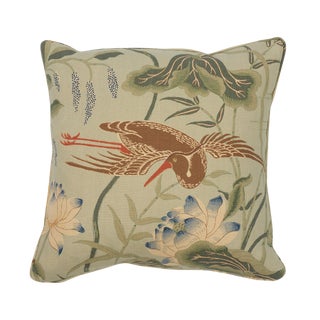Japanese Schumacher Lotus Garden Pillow in Aqua For Sale
