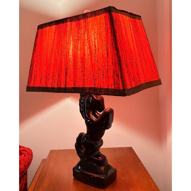 Art Deco Mid-Century Modern 1950s Ceramic Rearing Stallion Lamp With Original Pinch-Pleat Shade For Sale - Image 3 of 7