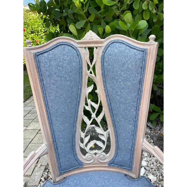 Blue French Provincial Cerused Carved Open Back Armchairs – Pair For Sale - Image 8 of 15
