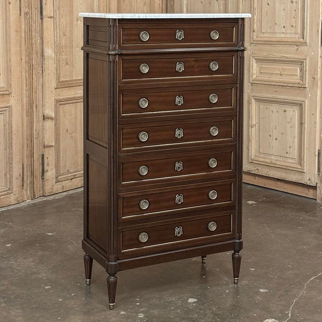 French 19th Century Louis XVI Mahogany Carrara Marble Top Semainier ~ Tall Chest of Drawers For Sale - Image 3 of 18