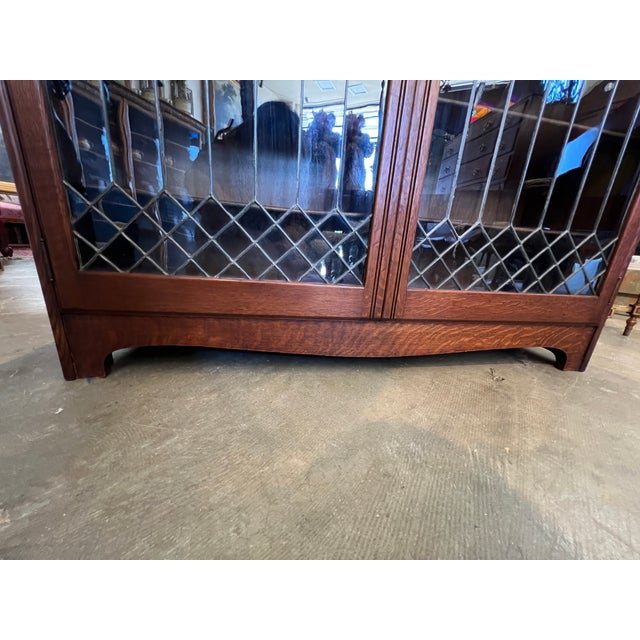 1910 Arts & Crafts Mission Style Double-Door Leaded Glass Bookcase For Sale - Image 9 of 9