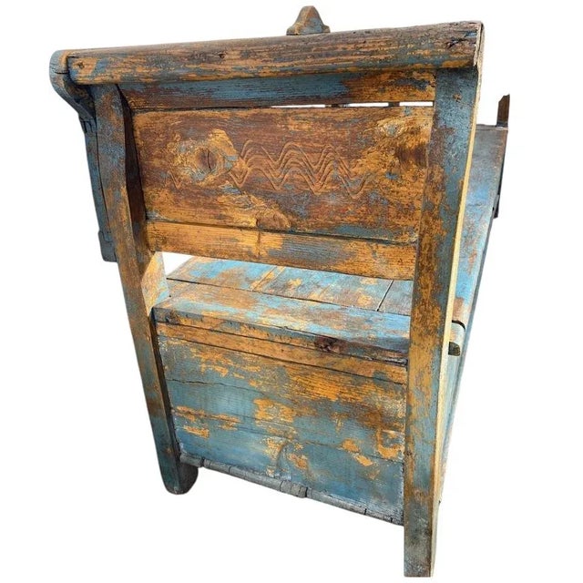 1910s Early 1900's Wooden Bench Seat With Storage Seat and Original Aged Patina Paint For Sale - Image 5 of 5