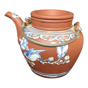Large Mid 19th Century Antique Yixing Teapot Painted With Blue Enamel Decorations