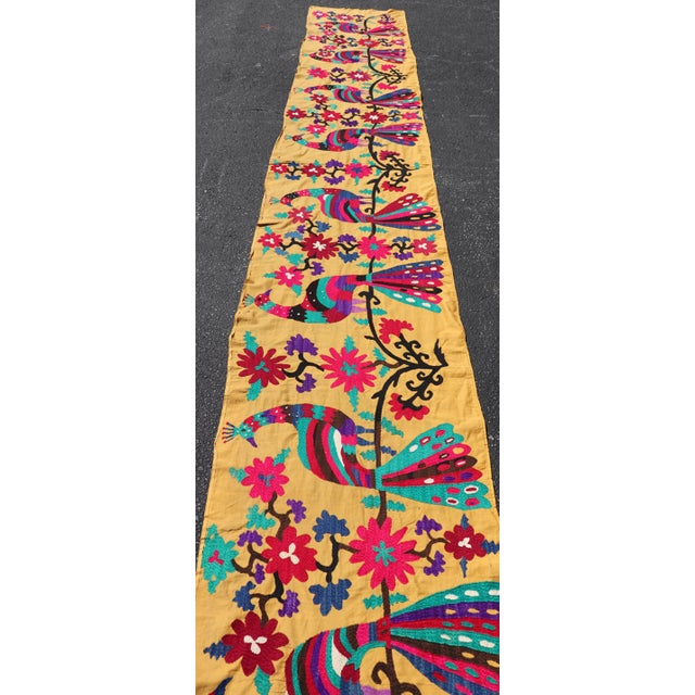 Early 20th Century Antique Uzbekistan Suzani Runner With Colorful Peacock and Botanical Design For Sale - Image 5 of 14