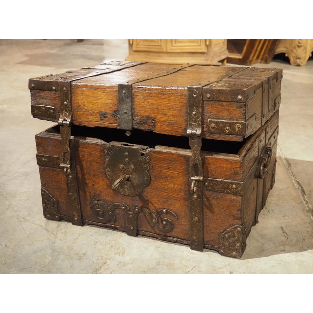 17th Century 17th Century French Oak and Iron Money Chest With Original Lock and Key For Sale - Image 5 of 12