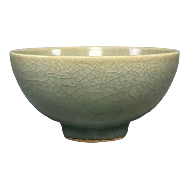Antique Chinese Longquan Celadon Crackle Porcelain Bowl, Floral Interior For Sale