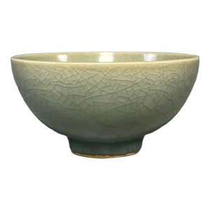 Antique Chinese Longquan Celadon Crackle Porcelain Bowl, Floral Interior