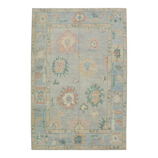 Early 21st Century Blue Colorful Floral Design Handwoven Wool Turkish Oushak Rug 4'10" X 6'10" For Sale