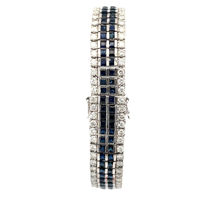 1950s 14k Gold 6.32 Carat Weight of Diamond & 10.35 CTW Blue Sapphire Tennis Bracelet For Sale - Image 4 of 8