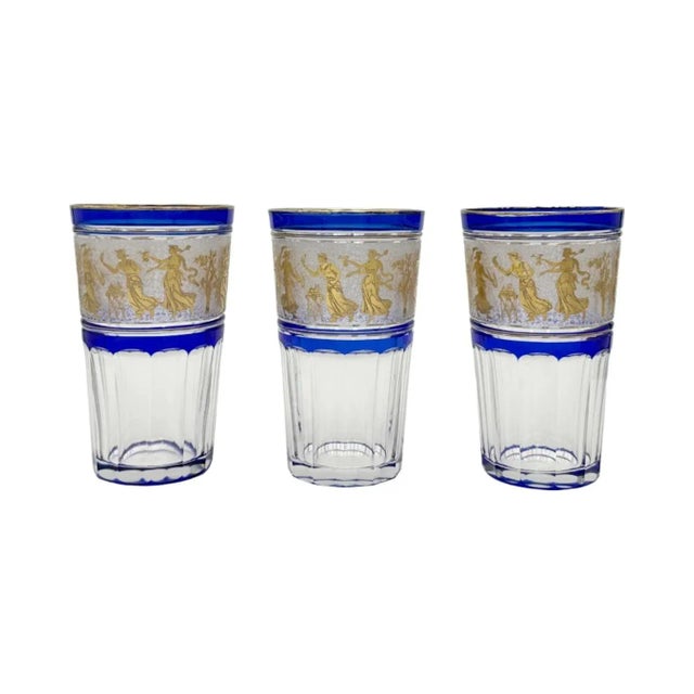 Vintage Set of 3 Val St. Lambert Danse De Flore Tumbler Glasses Cobalt Crystal For Sale - Image 11 of 12
