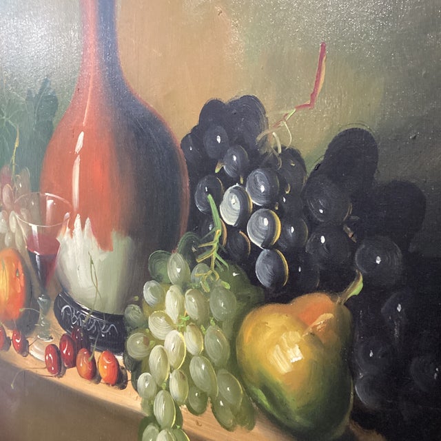 Brown Realistic Painting on Canvas Still Life Fruit and Pottery Composition by Frank Lean Framed Circa 1960s For Sale - Image 8 of 12