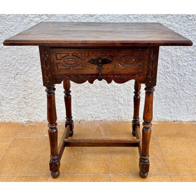 1920s Antique Castilian Oak Side Table With One Carved Drawer, 1920s For Sale - Image 5 of 15