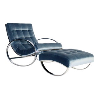 Renato Zevi Chrome and Velvet Ellipse Rocking Chair and Ottoman For Sale