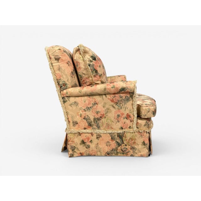 Pink Traditional, Rolled Arm Lounge Chair, Floral Fabric, Wood, Usa, 1980s For Sale - Image 8 of 11