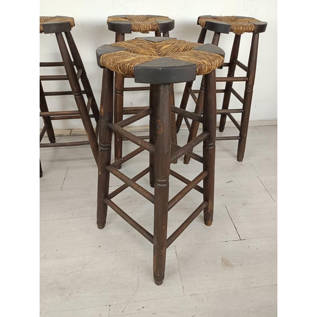 Brutalist Stools in Wood and Straw, 1950s, Set of 4 For Sale - Image 4 of 15