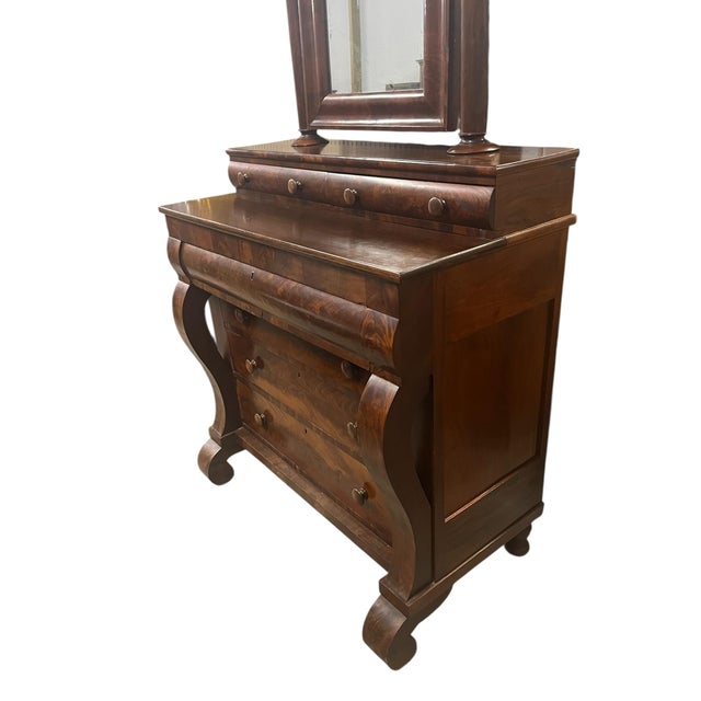 Traditional 19th Century Antique Empire Flame Mahogany Dresser With Mirror For Sale - Image 3 of 11