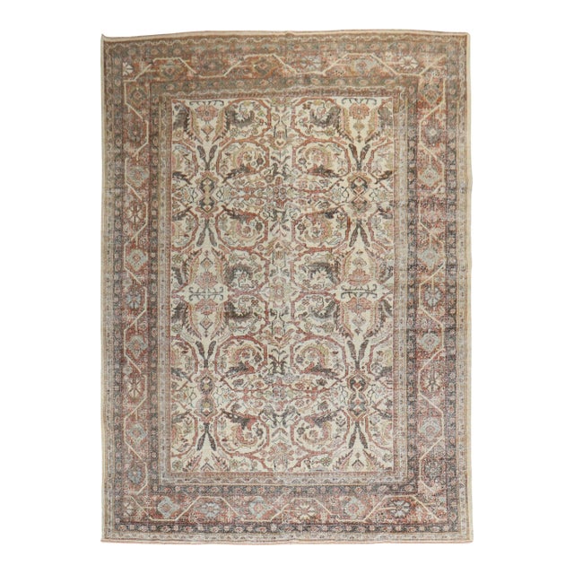 Antique Worn Ivory Persian Mahal Rug - 7' x 10'2" For Sale