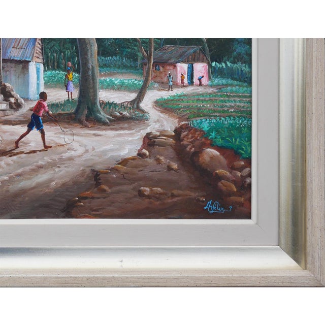 Jean-Felix Defournoy Modern Green & Brown Rural Village Landscape Painting with Playing Children, Late 20th Century For Sale - Image 9 of 12