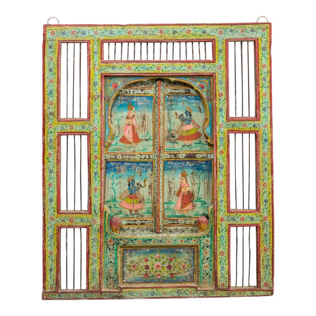 Early 20th Century Antique Folk Art Painted Window and Surround From India For Sale