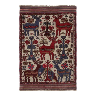 2010s Rug & Kilim’s Persian Barjasta Style Rug in Beige With Red & Blue Deer Pictorial For Sale