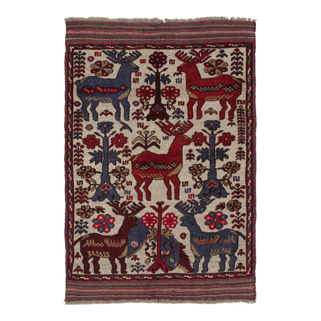 2010s Rug & Kilim’s Persian Barjasta Style Rug in Beige With Red & Blue Deer Pictorial For Sale
