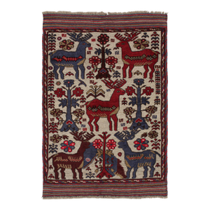 2010s Rug & Kilim’s Persian Barjasta Style Rug in Beige With Red & Blue Deer Pictorial
