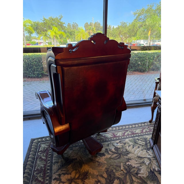 Vintage Presidential Tufted Oxblood Leather & Mahogany Reclining Executive Swivel Office Chair For Sale In West Palm - Image 6 of 8