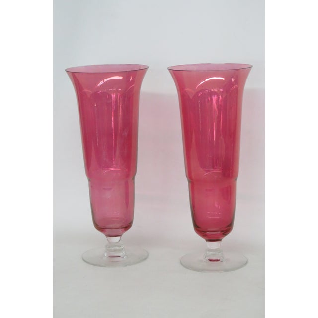 Pink Flash Optic Glass Footed Vases Pair of 2 Mid Century Modern Style 5078b For Sale - Image 4 of 13