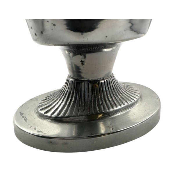 Silver Vintage Pewter Pedestal Centerpiece Bowl With Scalloped Rim and Scrolled Handles For Sale - Image 8 of 10