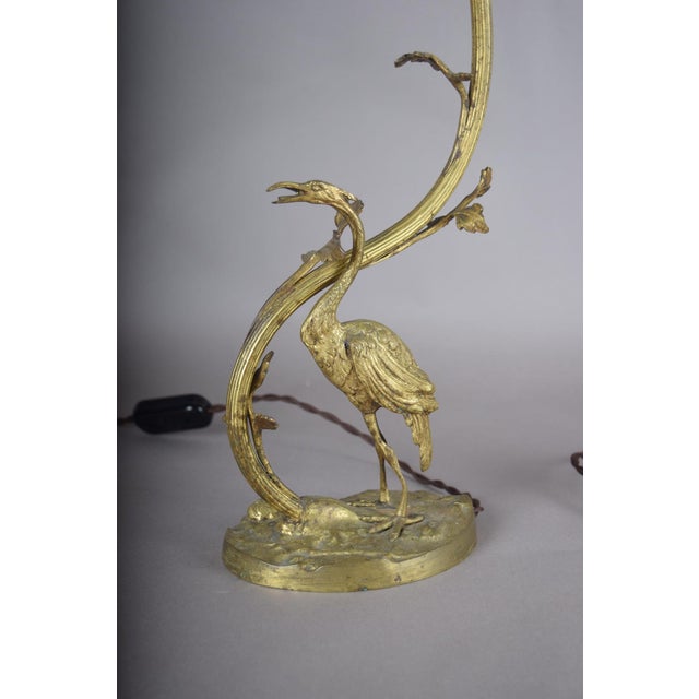 Art Deco Gilt Bronze Sculpted Crane Table Lamps with Branch and Leaf Stems, Europe, 1930s, Set of 2 For Sale - Image 14 of 17