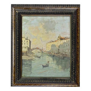 Alessandro Reati, Venetian Canal View with Gondolas at Dusk, 1860s, Oil on Panel, Framed For Sale