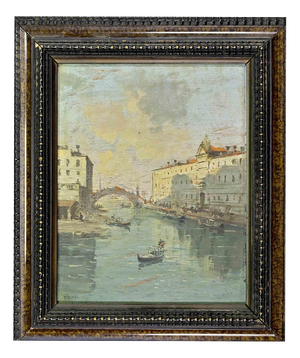 Alessandro Reati, Venetian Canal View with Gondolas at Dusk, 1860s, Oil on Panel, Framed