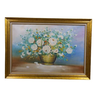 Vintage Impressionist Floral Oil Painting White Roses in Basket Framed 41" For Sale