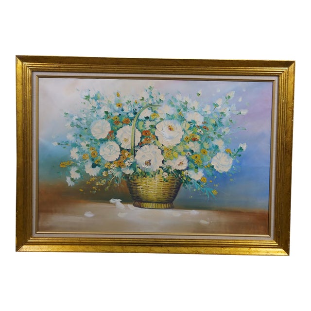 Vintage Impressionist Floral Oil Painting White Roses in Basket Framed 41" For Sale