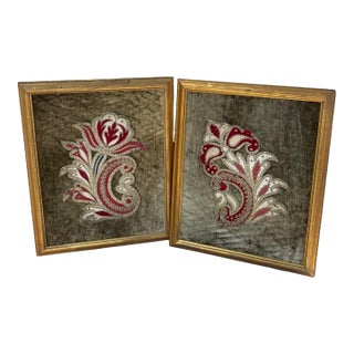 Antique Italian Framed Embroidered Pieces.- A Pair For Sale
