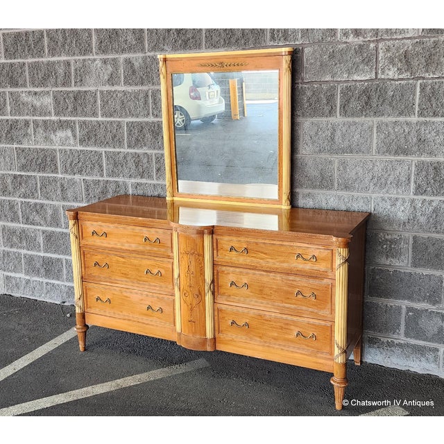 Wood Antique French Neoclassical 1930s Inlaid Satinwood Mahogany Bedroom Dresser W/ Mirror For Sale - Image 7 of 16