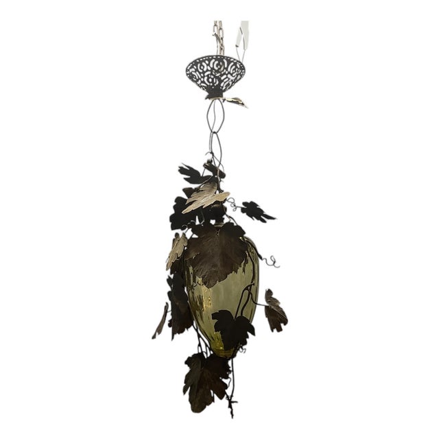 Murano Glass Lantern with Wrought Iron Vine Leaves, 1950s For Sale