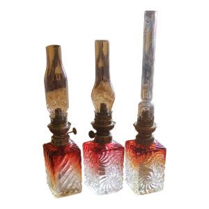 19th Century French Rose Teinte Crystal Oil Kerosene Table Lamps in the Style of Baccarat- Set of 3
