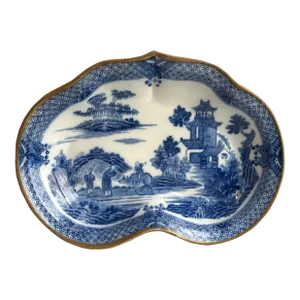 Antique 18th Century George III Pearlware Blue & White Kidney Shaped Dish in the Chinese Boy and Buffalo Pattern