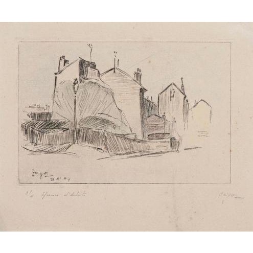 Parisian Houses is an original etching print on paper realized by Jaques Berger(1912-1978) artist of the mid-20th Century....