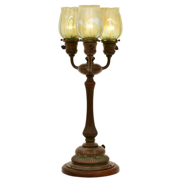 Antique Tiffany Studios Three-Light Favrile Glass Lamp "Pulled Feather Shades" For Sale - Image 12 of 12