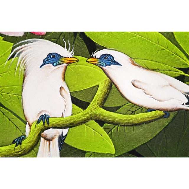 Beautiful hand painted Balinese Myna bird pair sitting in pink plumeria. Acrylic on canvas. Charming vibrant tropical...
