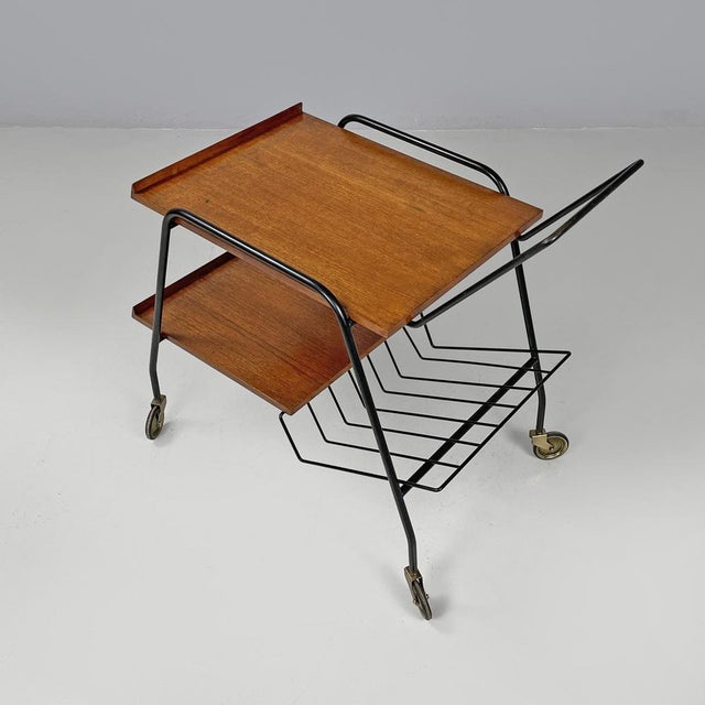 Mid-Century Modern Italian Wood and Black Metal Trolley with Brass Wheels, 1960s For Sale - Image 3 of 17